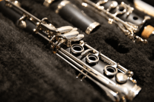 Close up of a clarinet in a case
